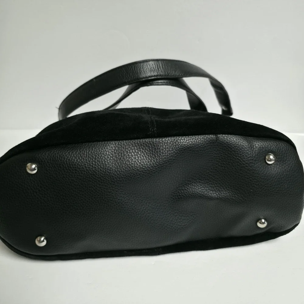 Tignanello Black Suede Leather Shoulder Bag Hobo Purse Panel Stitch Zip Top